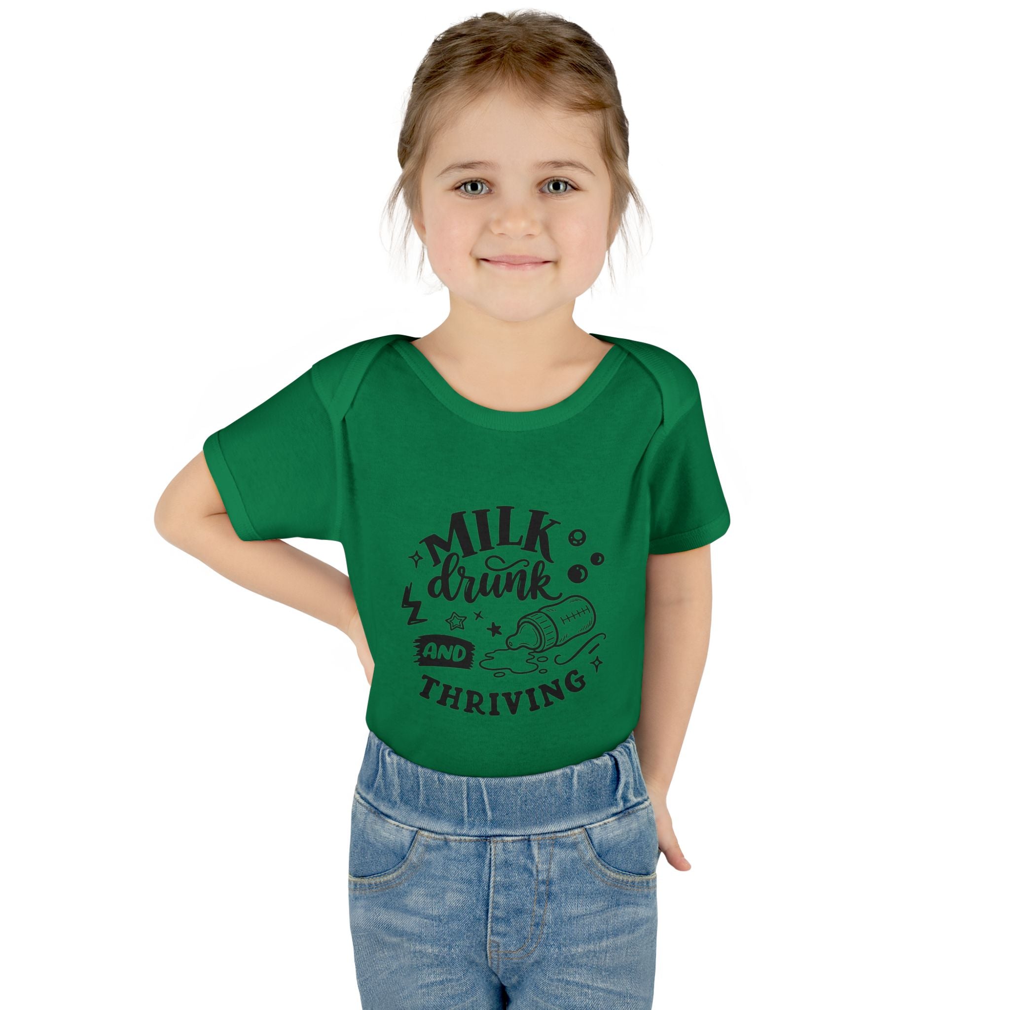 Infant Bodysuit - "Milk, Drink and Thriving" Baby Onesie (Cute Bottle Design)