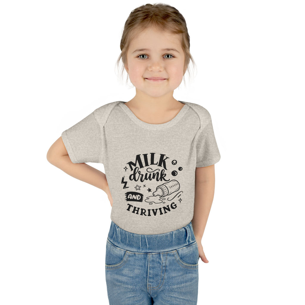 Infant Bodysuit - "Milk, Drink and Thriving" Baby Onesie (Cute Bottle Design)