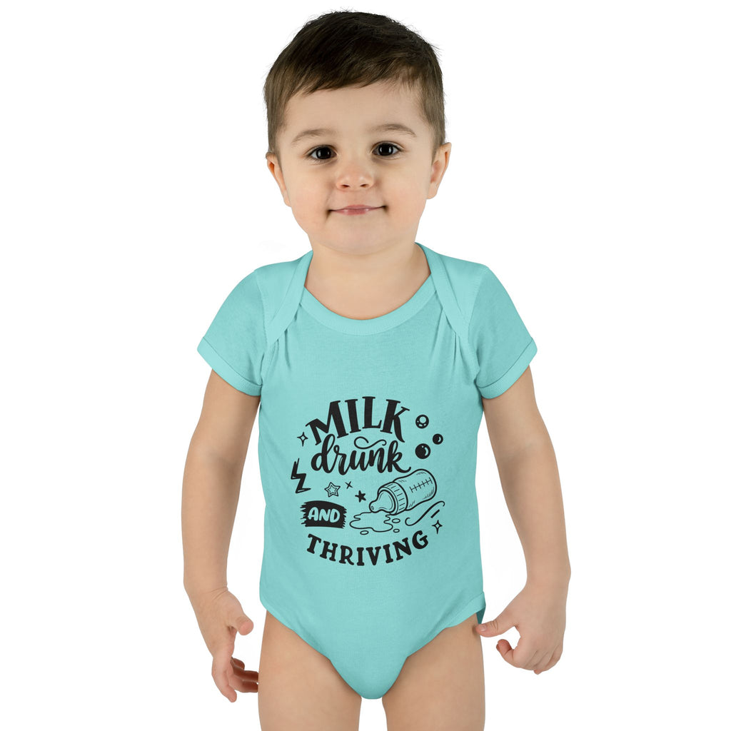 Infant Bodysuit - "Milk, Drink and Thriving" Baby Onesie (Cute Bottle Design)