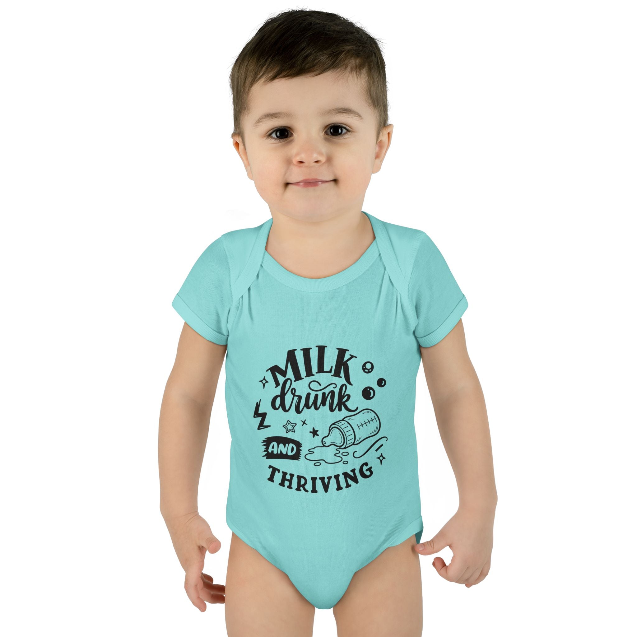 Infant Bodysuit - "Milk, Drink and Thriving" Baby Onesie (Cute Bottle Design)