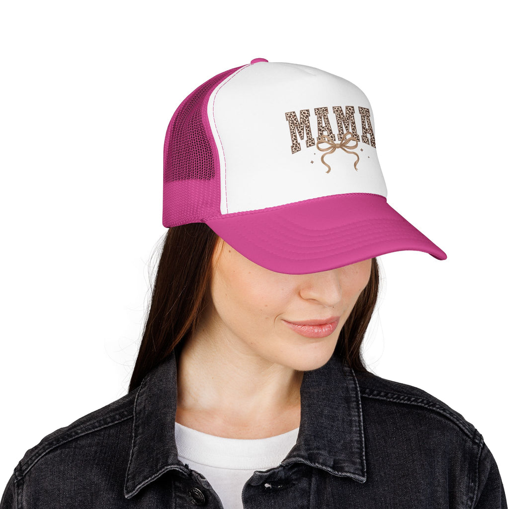 Mama Leopard Print Trucker Hat – Stylish Mama Foam Cap with Bow Accent