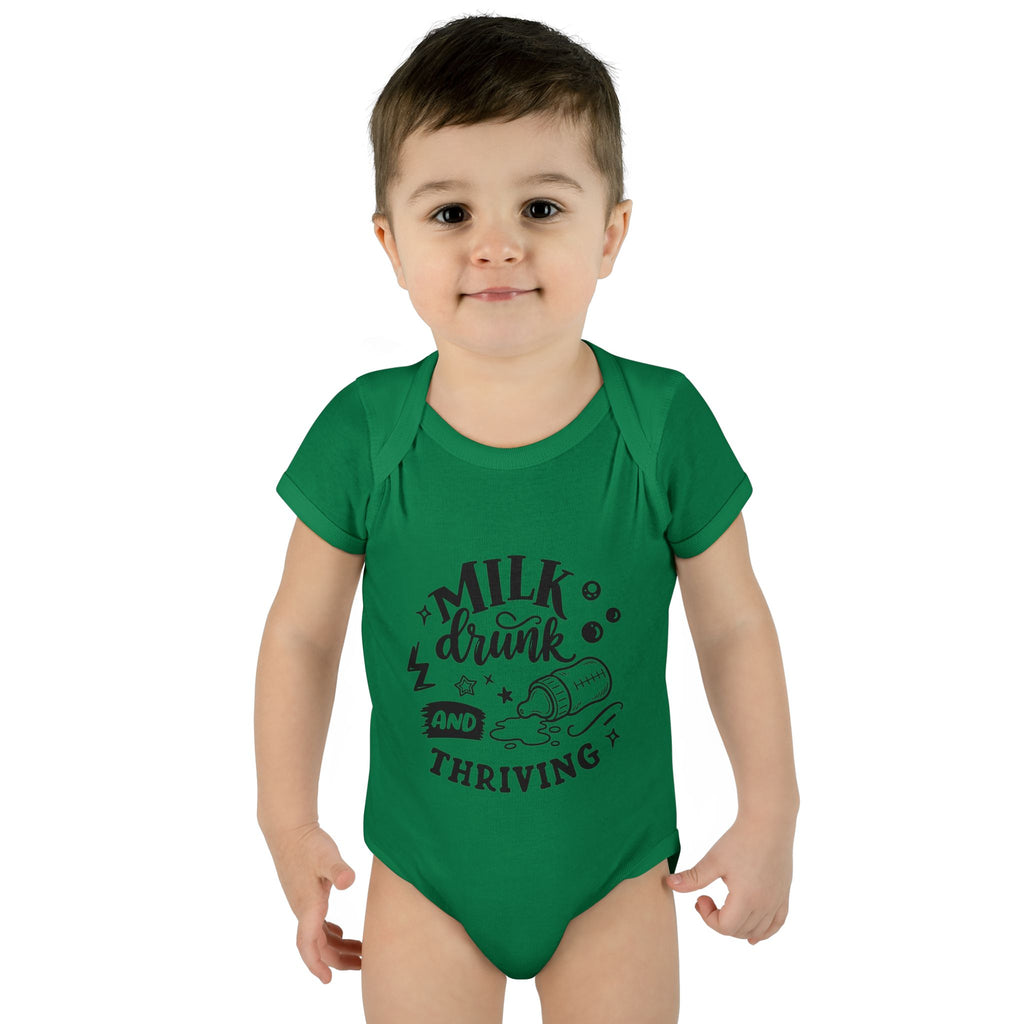 Infant Bodysuit - "Milk, Drink and Thriving" Baby Onesie (Cute Bottle Design)