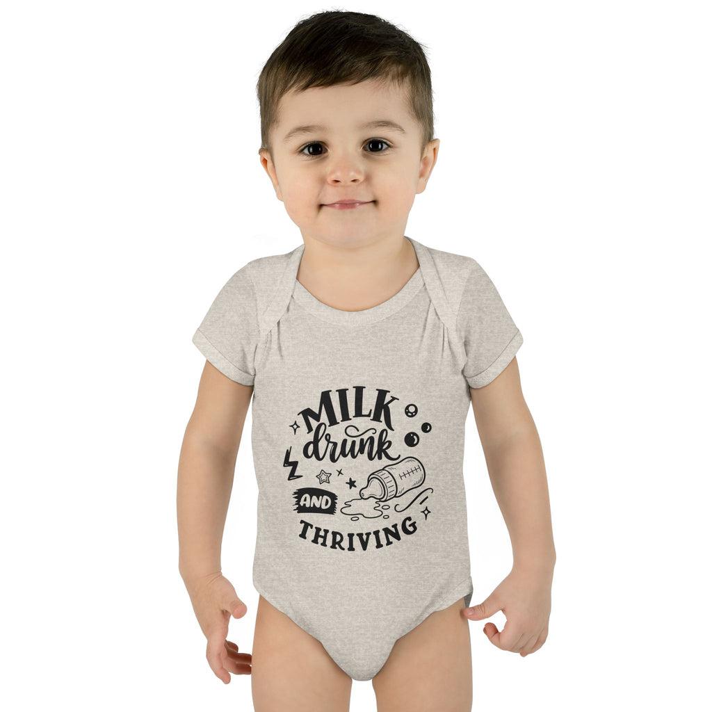 Infant Bodysuit - "Milk, Drink and Thriving" Baby Onesie (Cute Bottle Design)