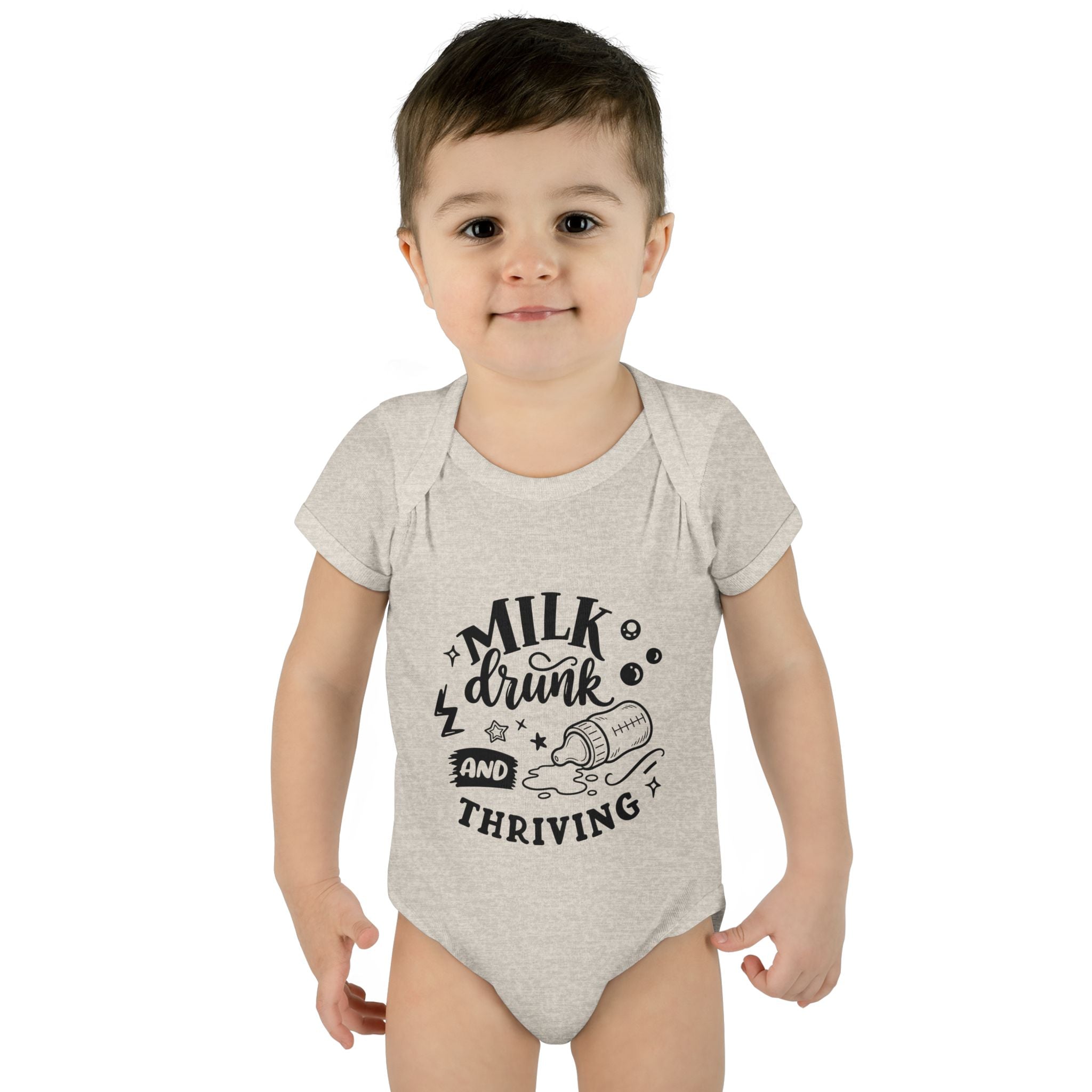 Infant Bodysuit - "Milk, Drink and Thriving" Baby Onesie (Cute Bottle Design)