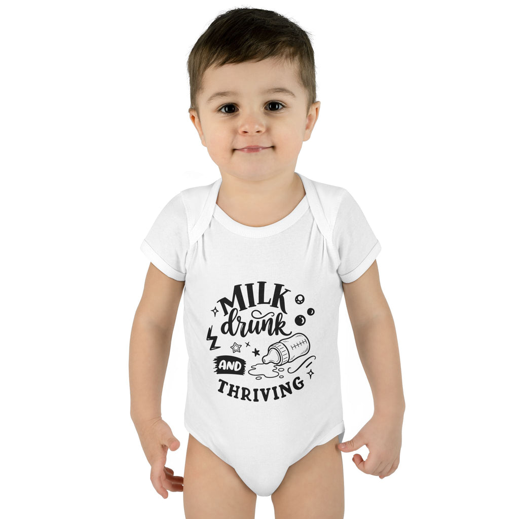 Infant Bodysuit - "Milk, Drink and Thriving" Baby Onesie (Cute Bottle Design)
