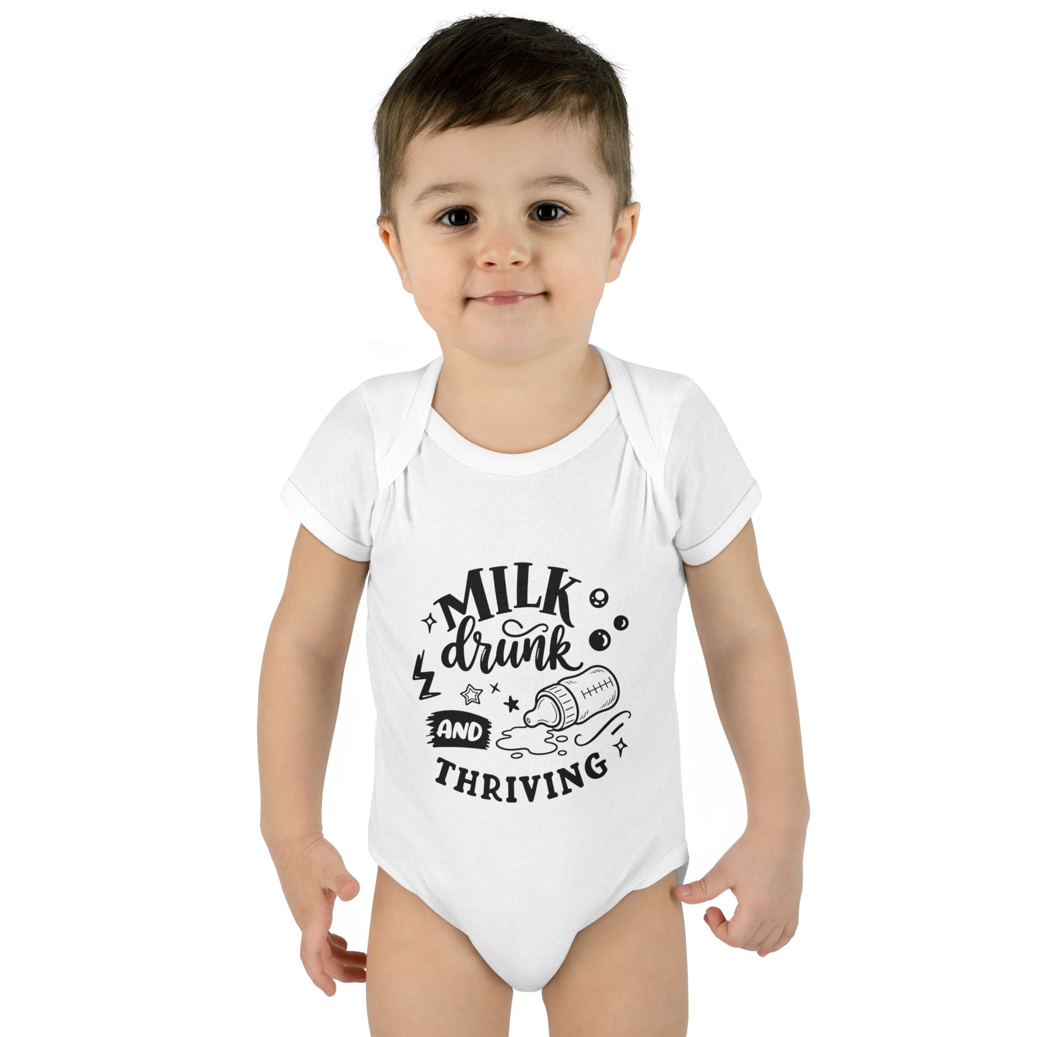 Infant Bodysuit - "Milk, Drink and Thriving" Baby Onesie (Cute Bottle Design)
