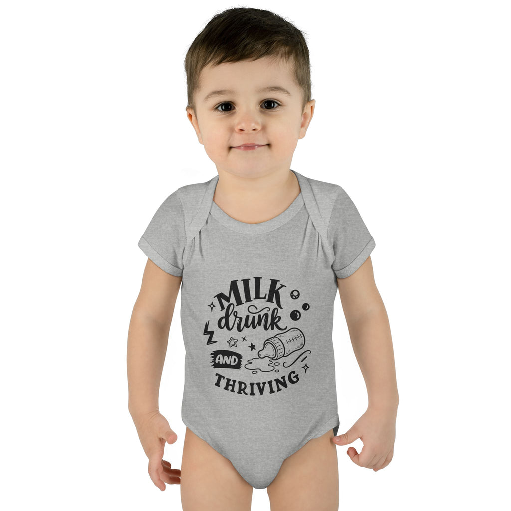 Infant Bodysuit - "Milk, Drink and Thriving" Baby Onesie (Cute Bottle Design)