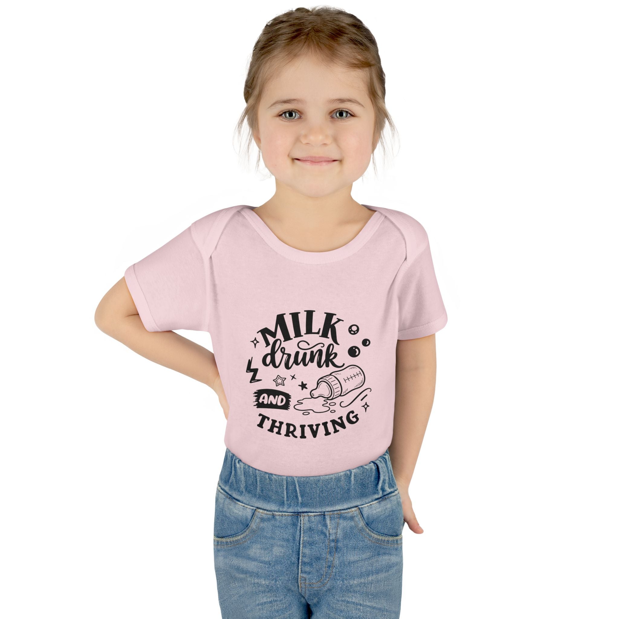 Infant Bodysuit - "Milk, Drink and Thriving" Baby Onesie (Cute Bottle Design)