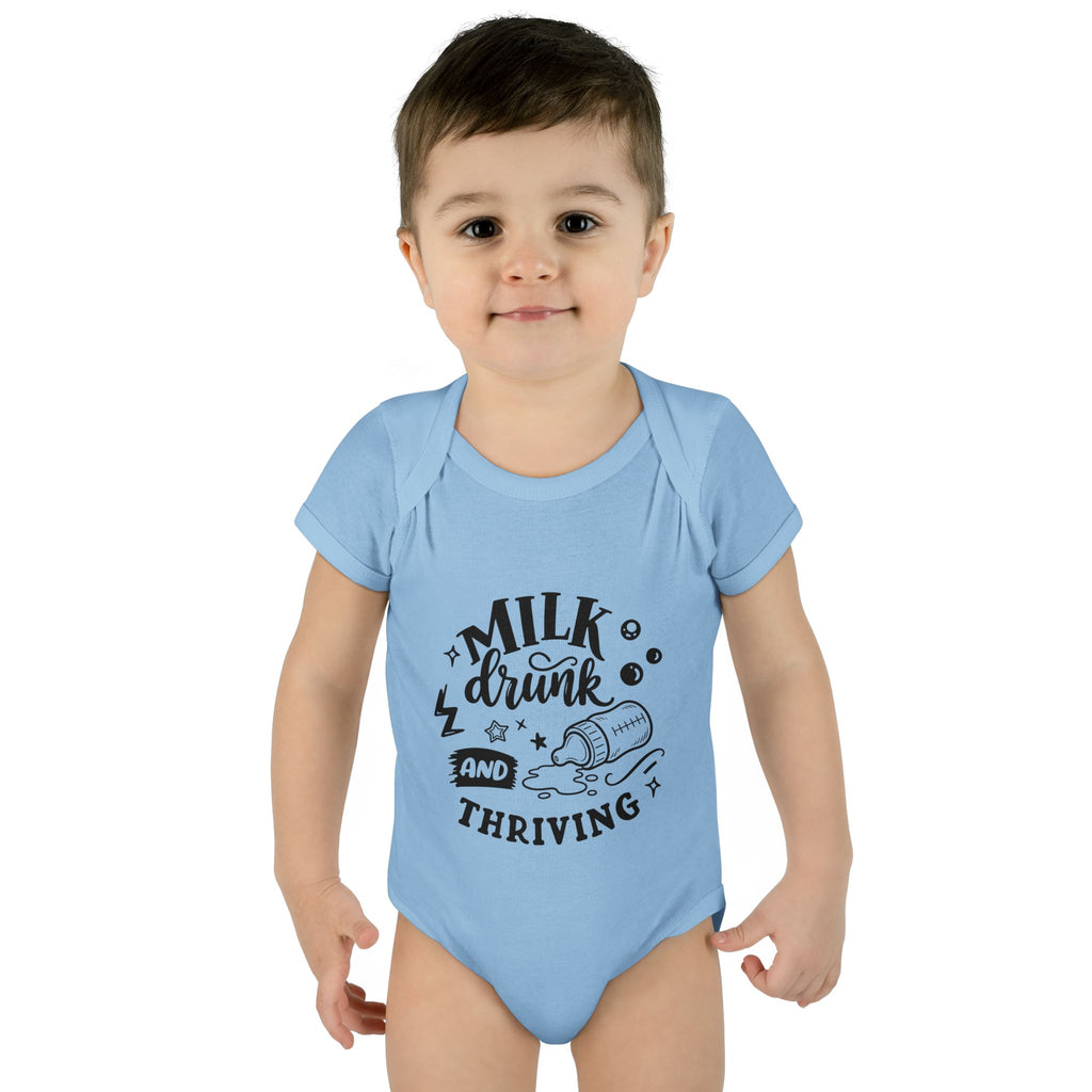 Infant Bodysuit - "Milk, Drink and Thriving" Baby Onesie (Cute Bottle Design)