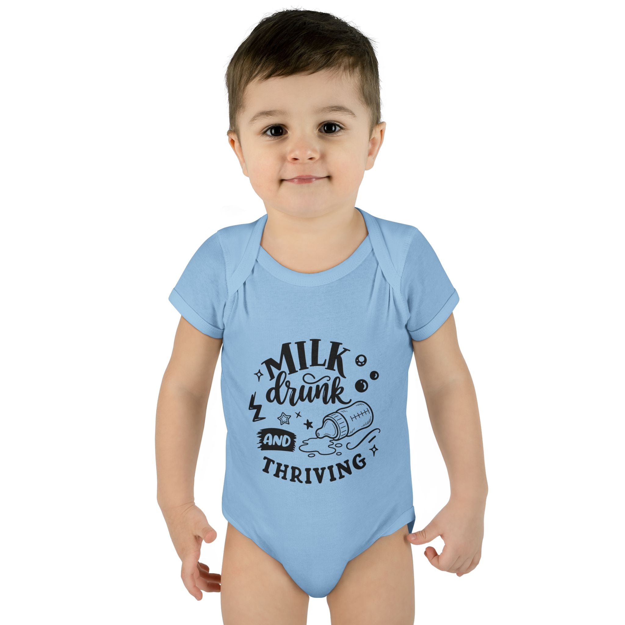 Infant Bodysuit - "Milk, Drink and Thriving" Baby Onesie (Cute Bottle Design)