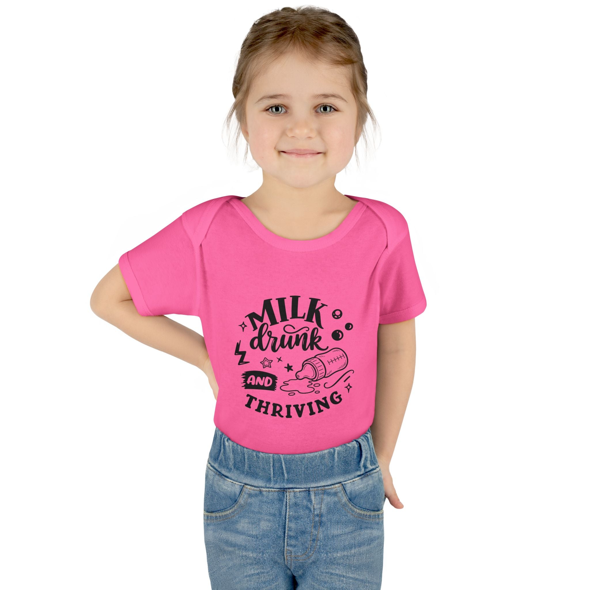 Infant Bodysuit - "Milk, Drink and Thriving" Baby Onesie (Cute Bottle Design)