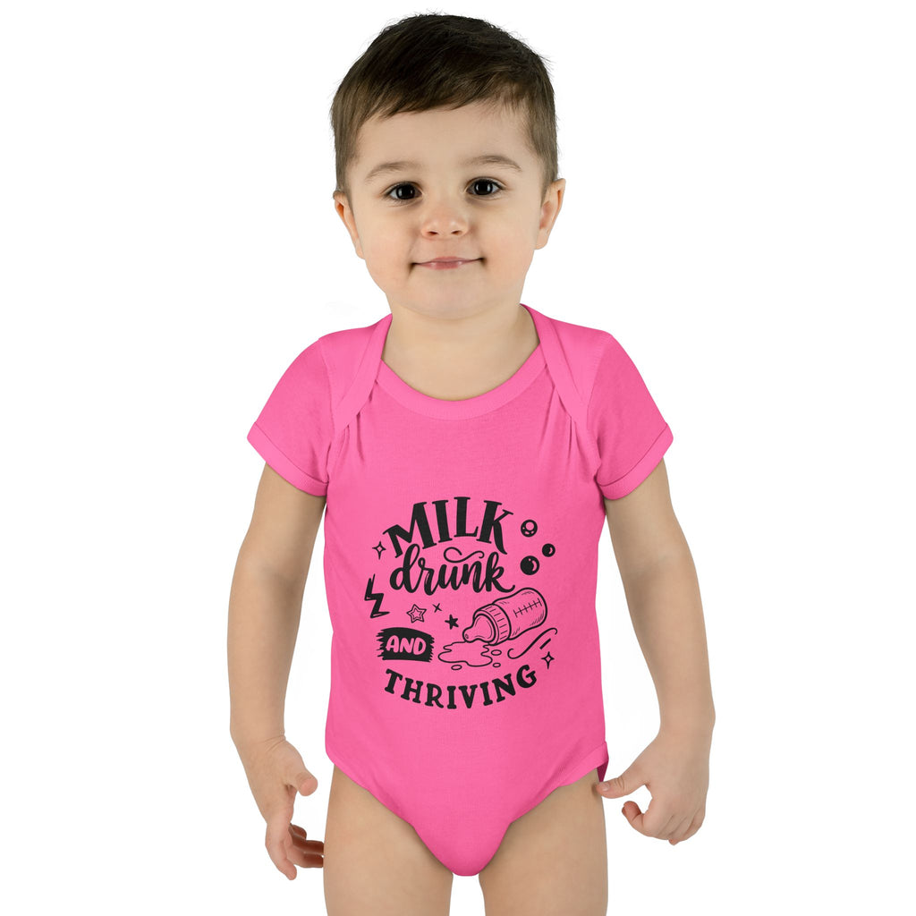 Infant Bodysuit - "Milk, Drink and Thriving" Baby Onesie (Cute Bottle Design)
