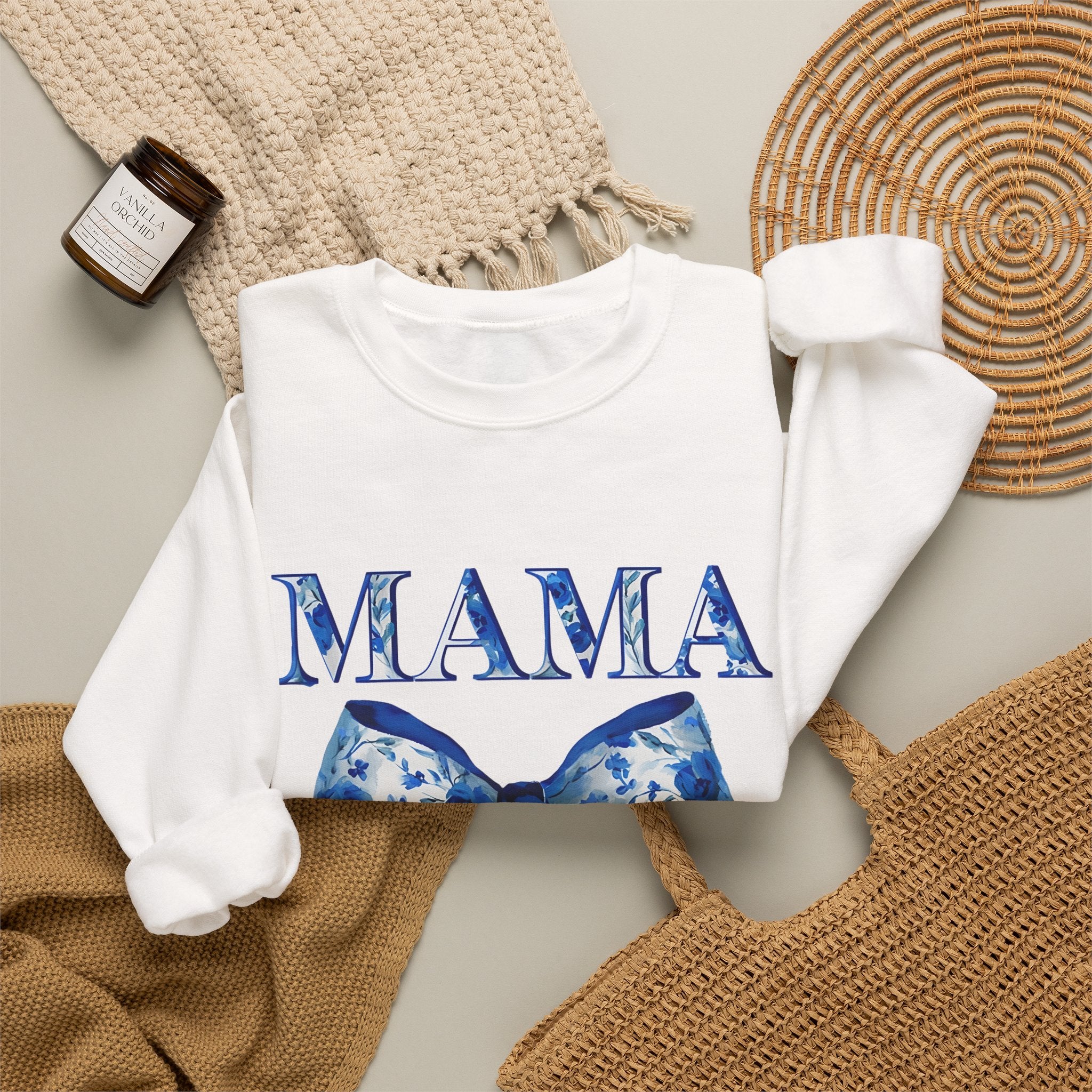 Mama Bow Sweatshirt — Floral Blue Ribbon Mom Crewneck