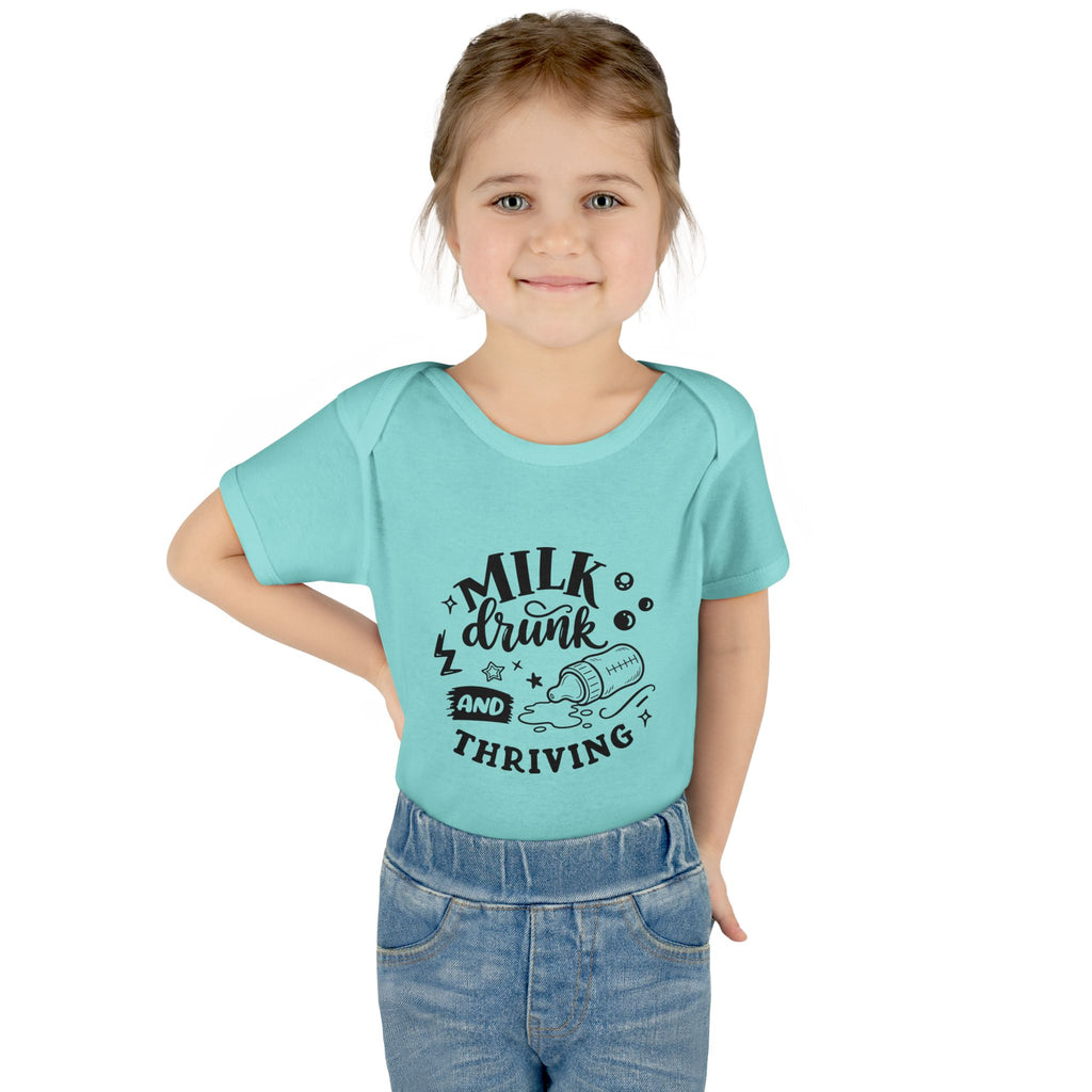 Infant Bodysuit - "Milk, Drink and Thriving" Baby Onesie (Cute Bottle Design)