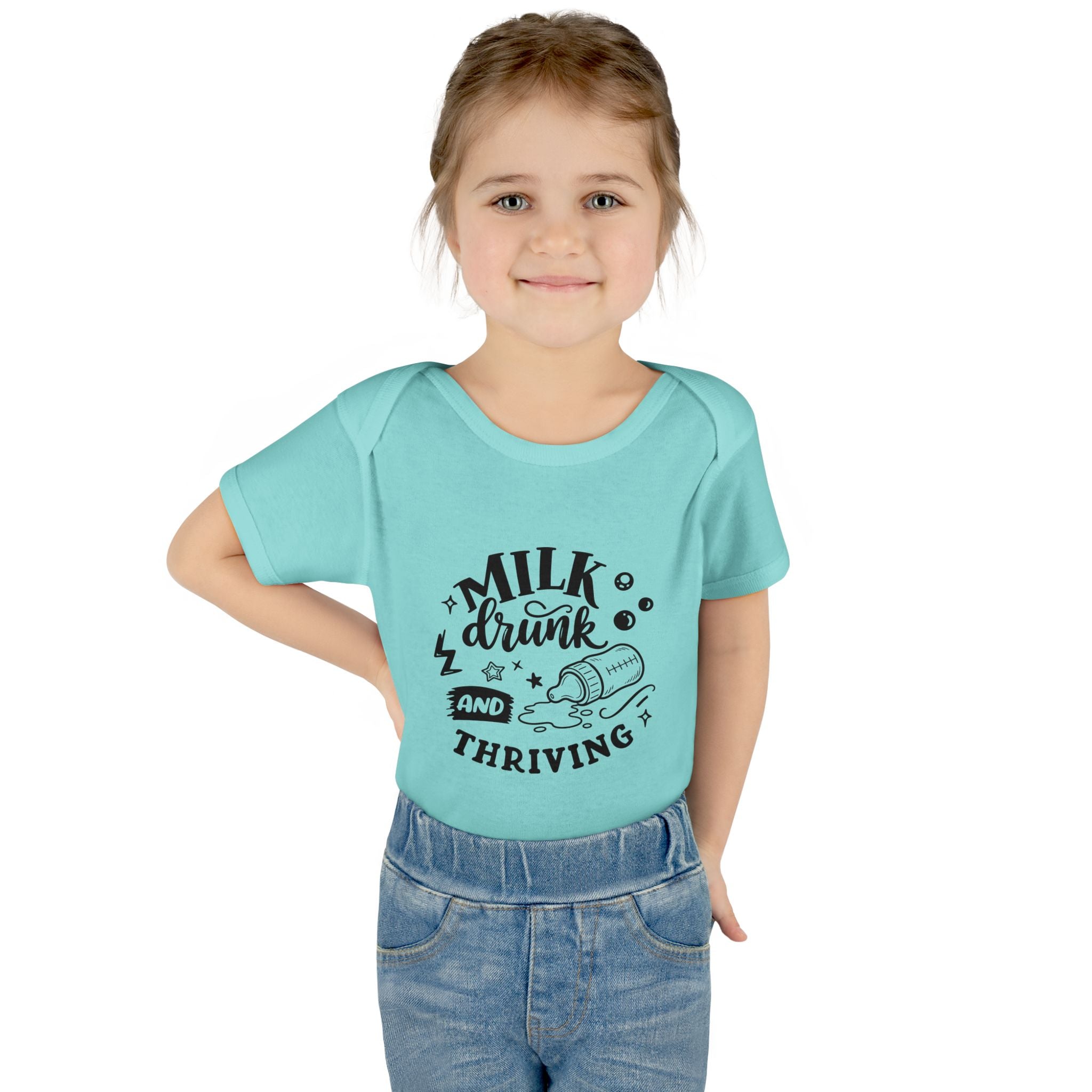 Infant Bodysuit - "Milk, Drink and Thriving" Baby Onesie (Cute Bottle Design)