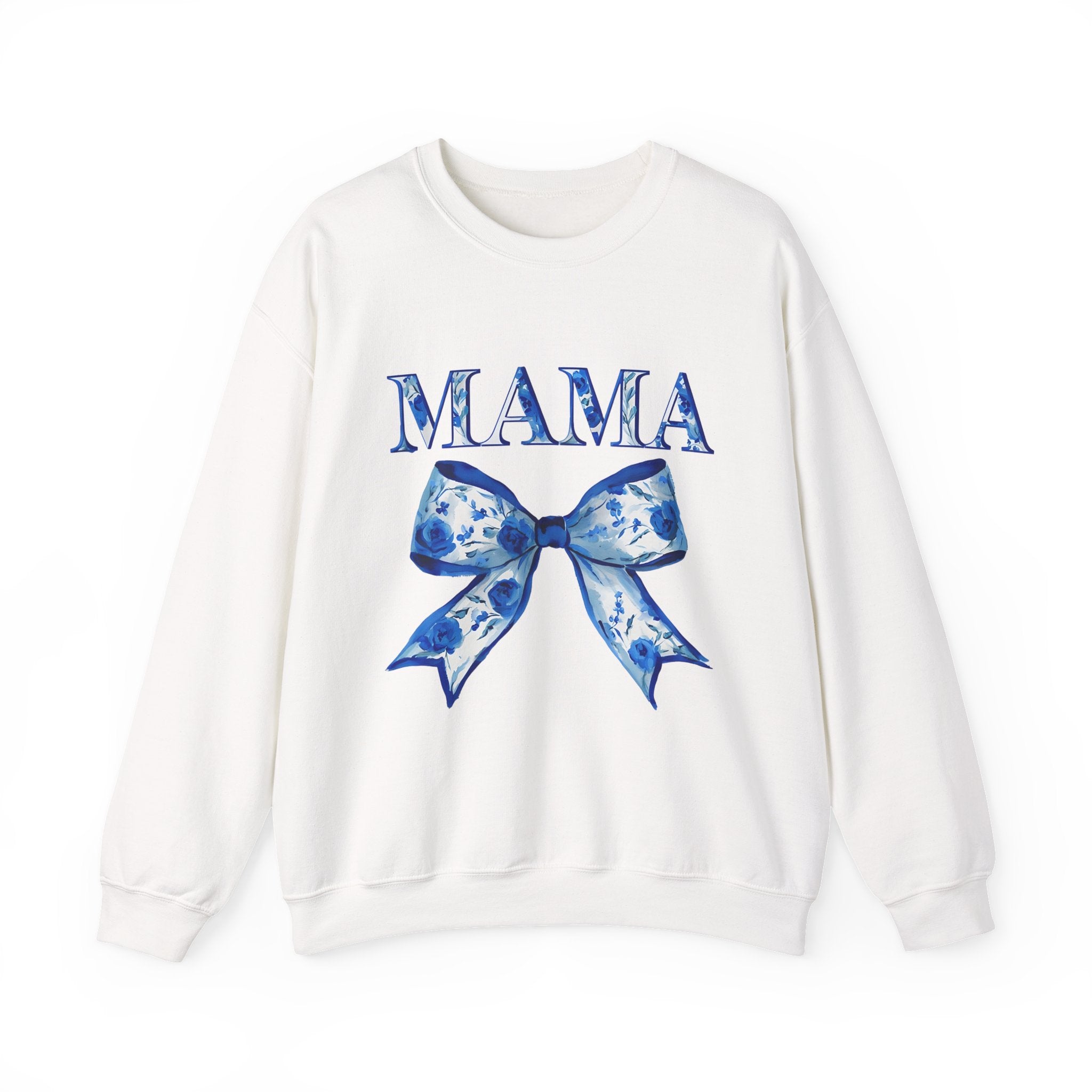 Mama Bow Sweatshirt — Floral Blue Ribbon Mom Crewneck