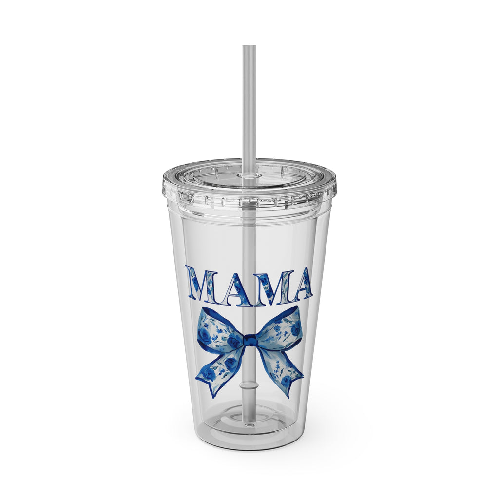 Mama Floral Bow Tumbler — 16oz Insulated Straw Cup