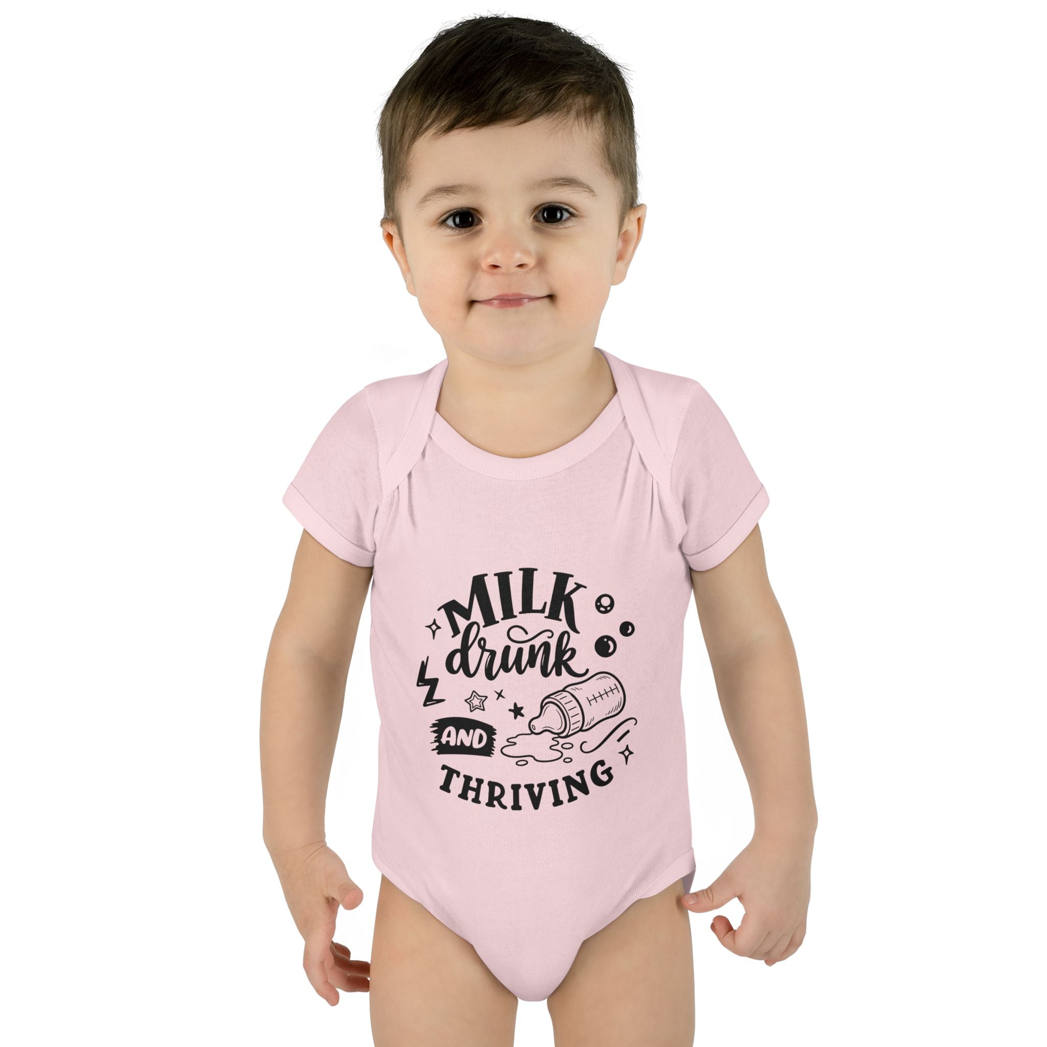 Infant Bodysuit - "Milk, Drink and Thriving" Baby Onesie (Cute Bottle Design)