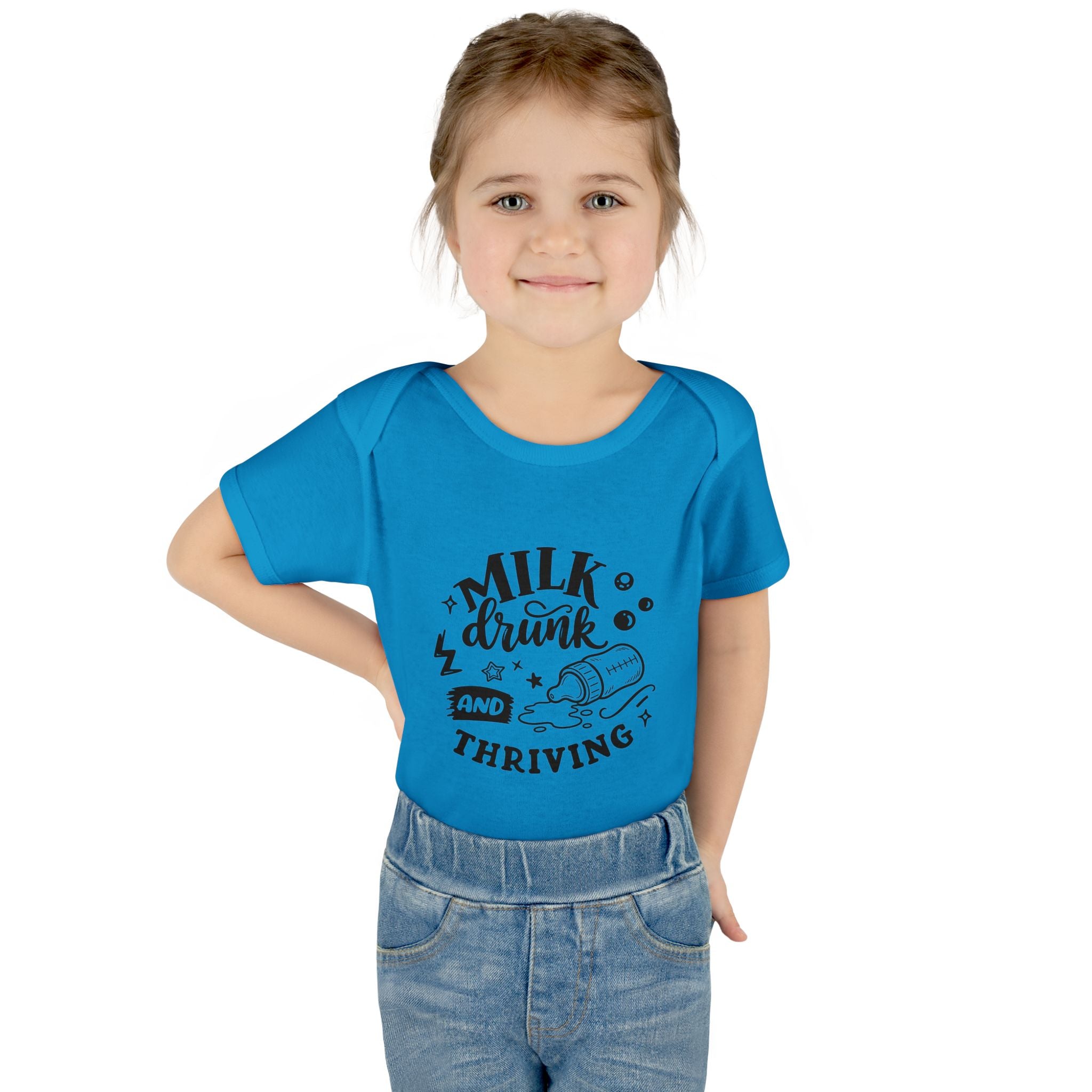 Infant Bodysuit - "Milk, Drink and Thriving" Baby Onesie (Cute Bottle Design)