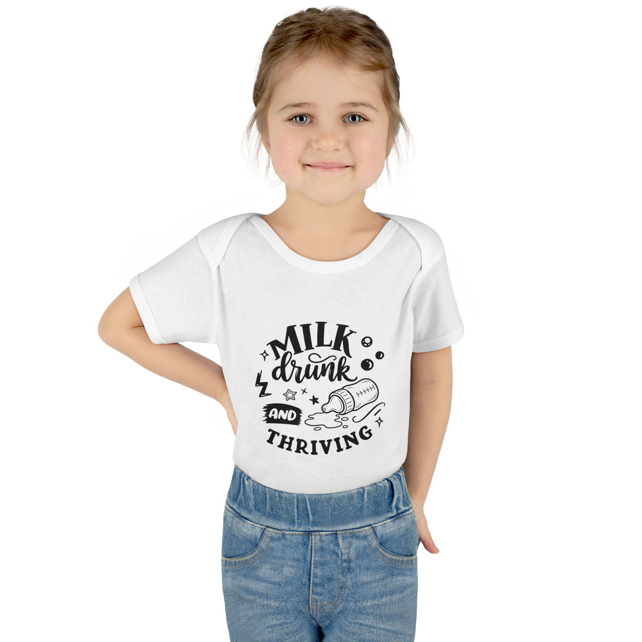 Infant Bodysuit - "Milk, Drink and Thriving" Baby Onesie (Cute Bottle Design)