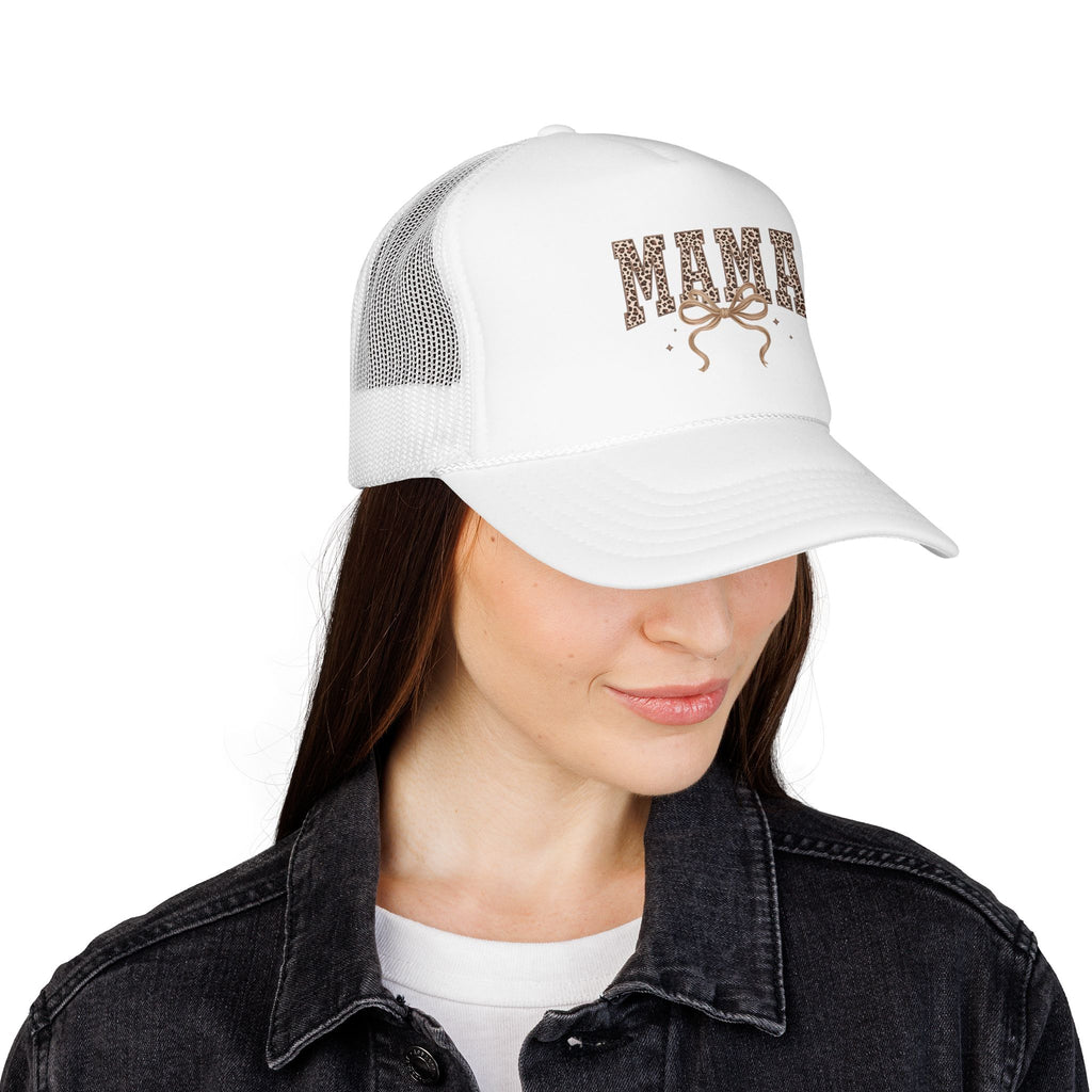 Mama Leopard Print Trucker Hat – Stylish Mama Foam Cap with Bow Accent