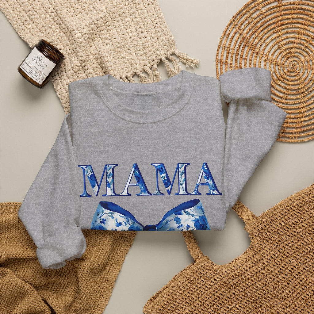 Mama Bow Sweatshirt — Floral Blue Ribbon Mom Crewneck
