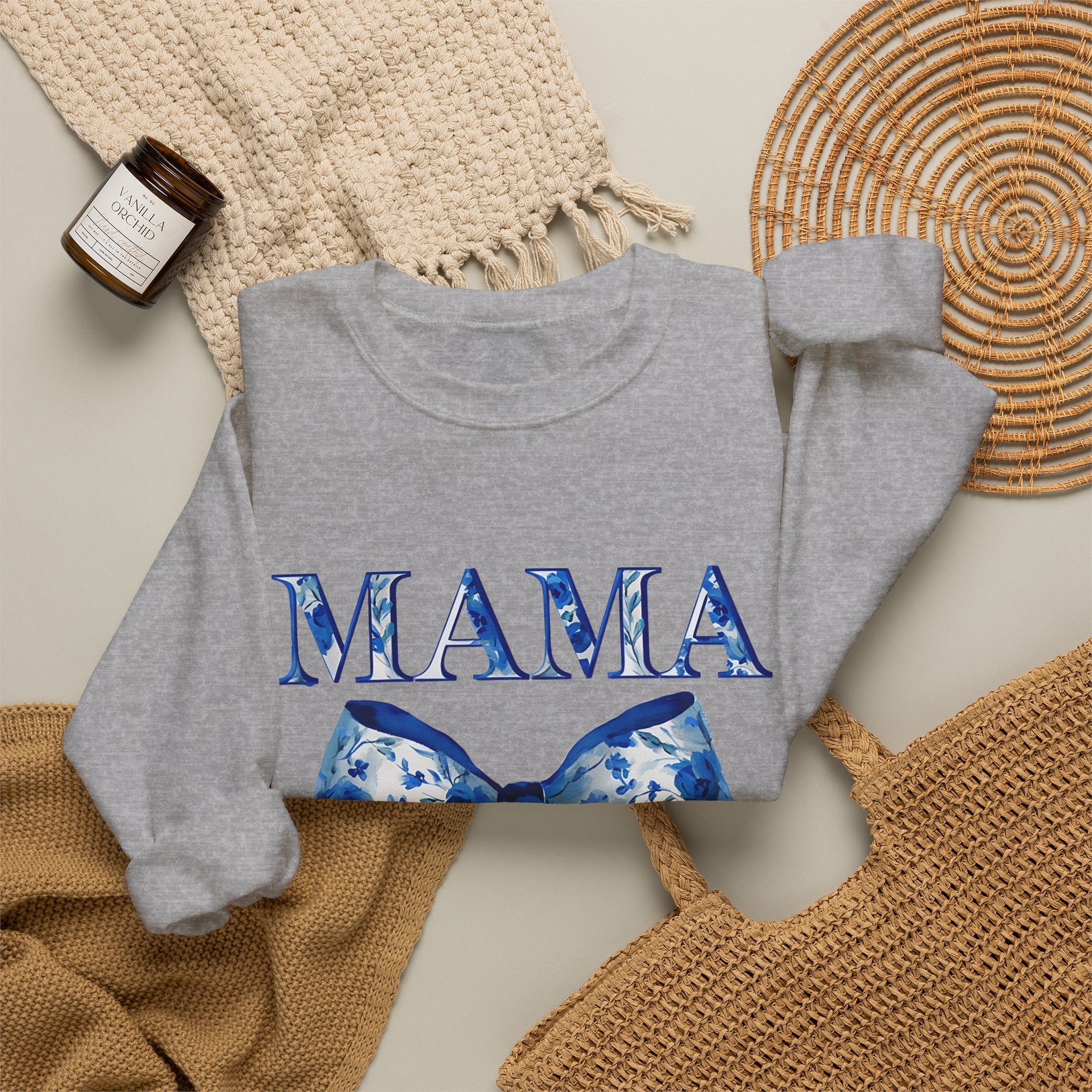 Mama Bow Sweatshirt — Floral Blue Ribbon Mom Crewneck
