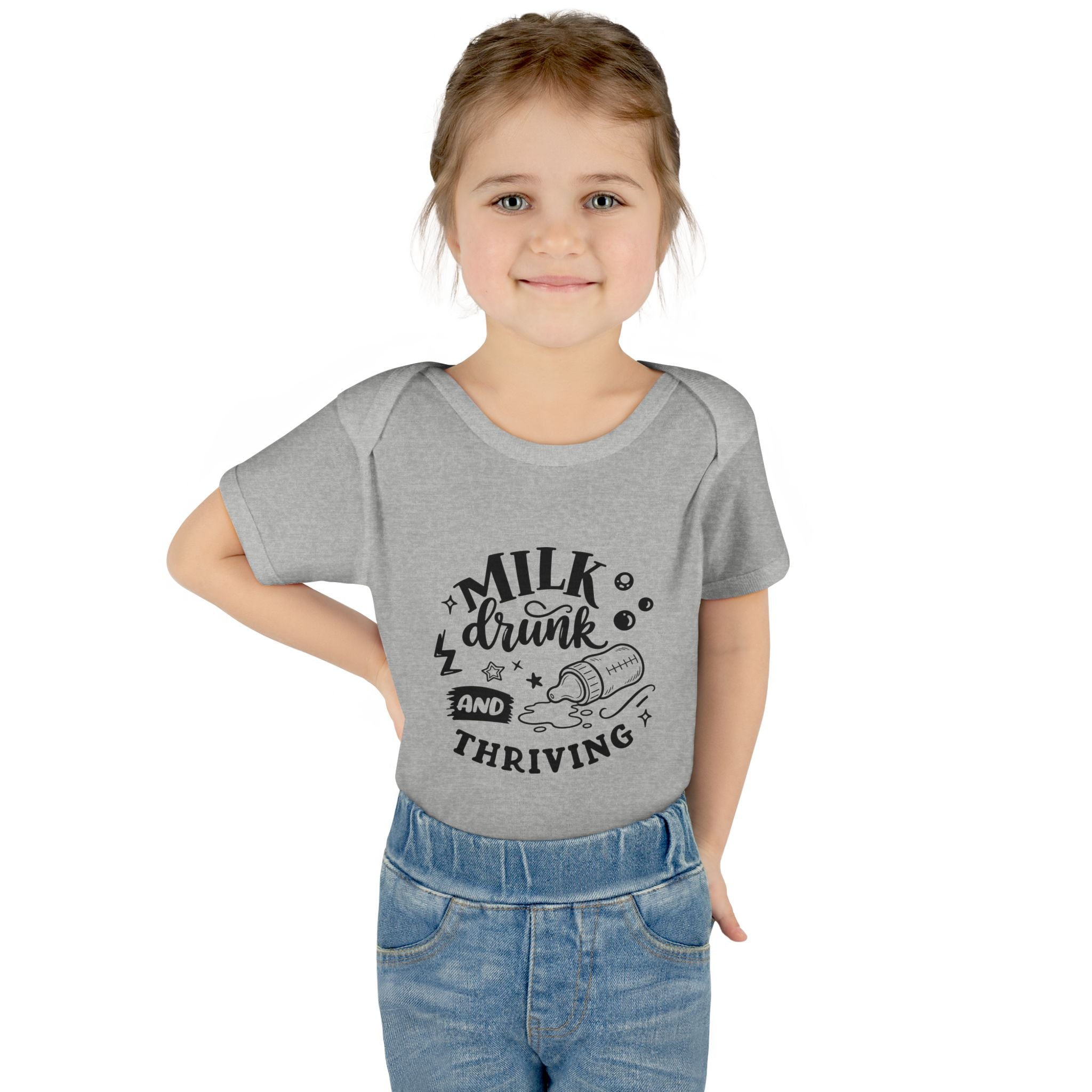 Infant Bodysuit - "Milk, Drink and Thriving" Baby Onesie (Cute Bottle Design)