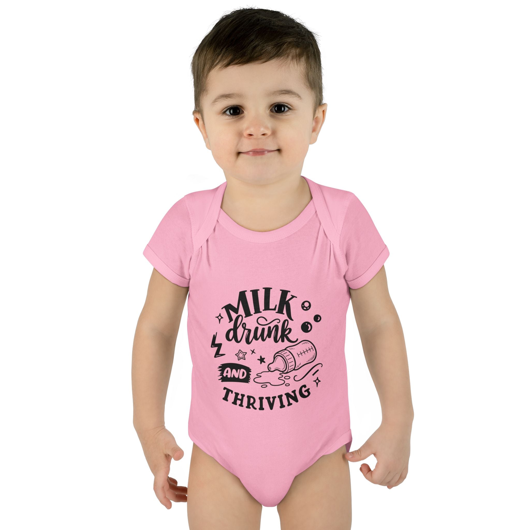 Infant Bodysuit - "Milk, Drink and Thriving" Baby Onesie (Cute Bottle Design)