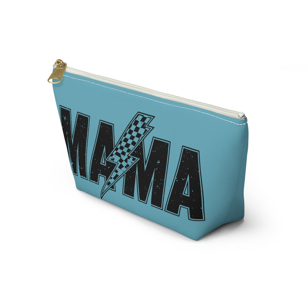 Mama Lightning Bolt Accessory Pouch — Blue T‑Bottom Makeup Bag