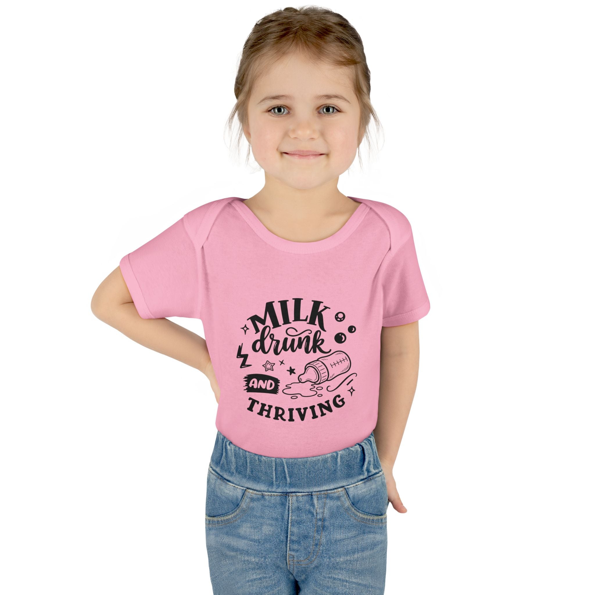 Infant Bodysuit - "Milk, Drink and Thriving" Baby Onesie (Cute Bottle Design)