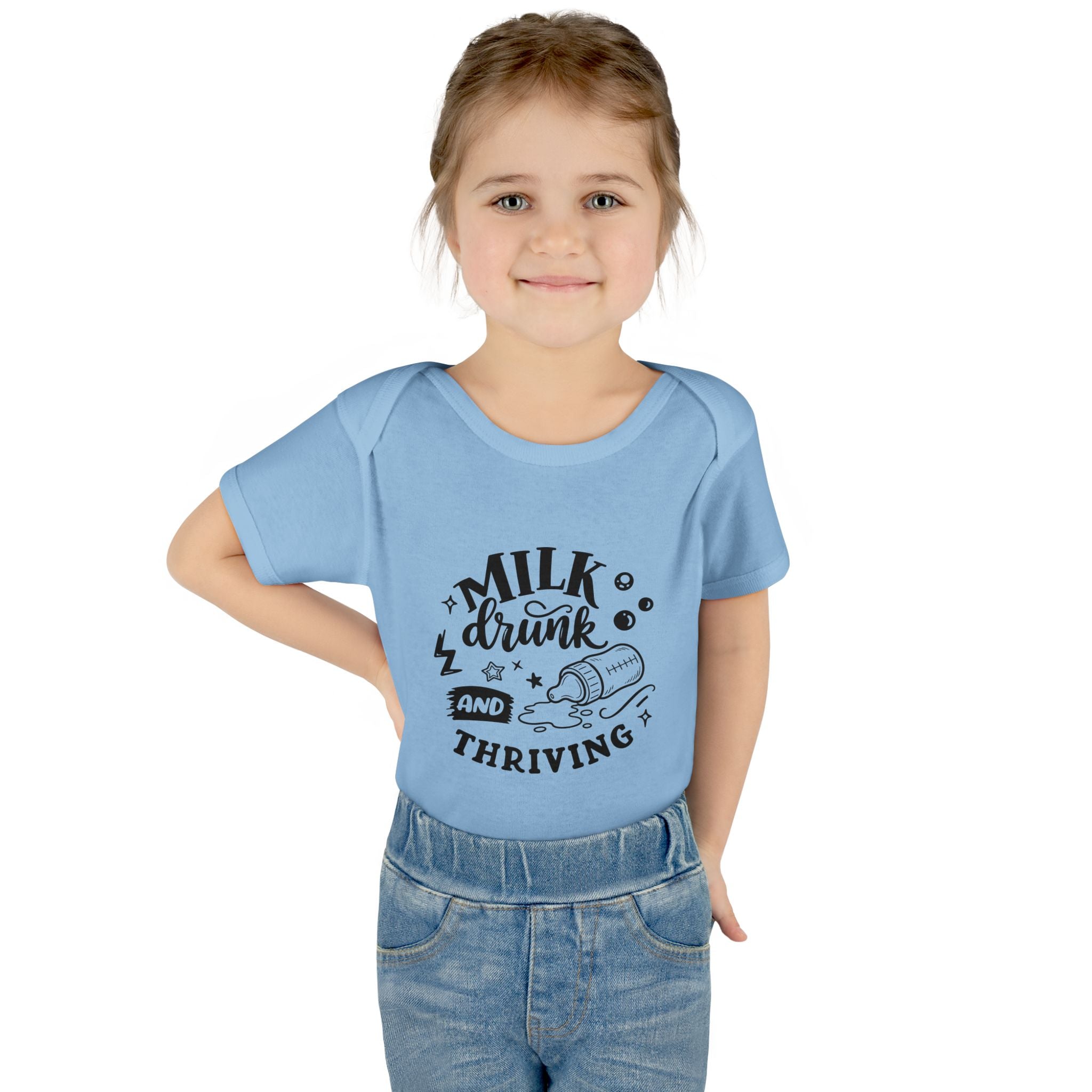 Infant Bodysuit - "Milk, Drink and Thriving" Baby Onesie (Cute Bottle Design)