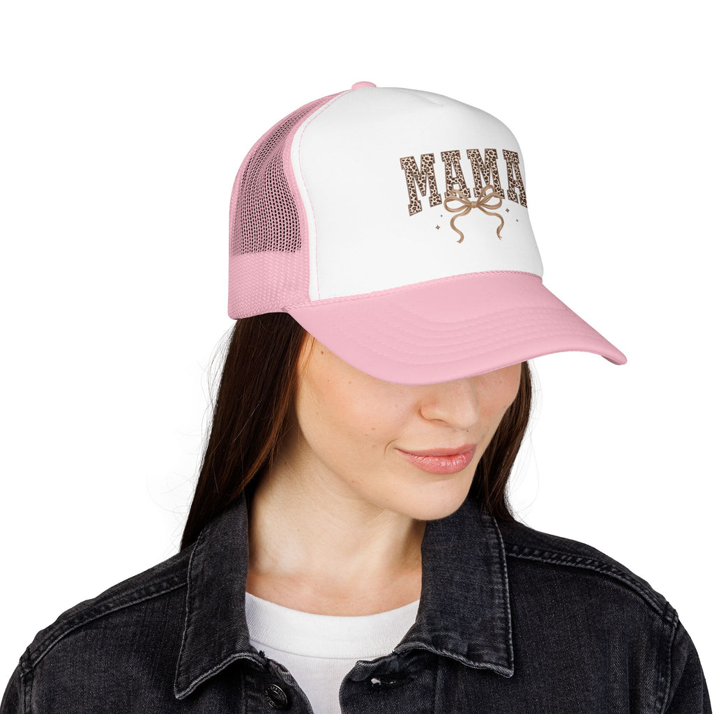 Mama Leopard Print Trucker Hat – Stylish Mama Foam Cap with Bow Accent