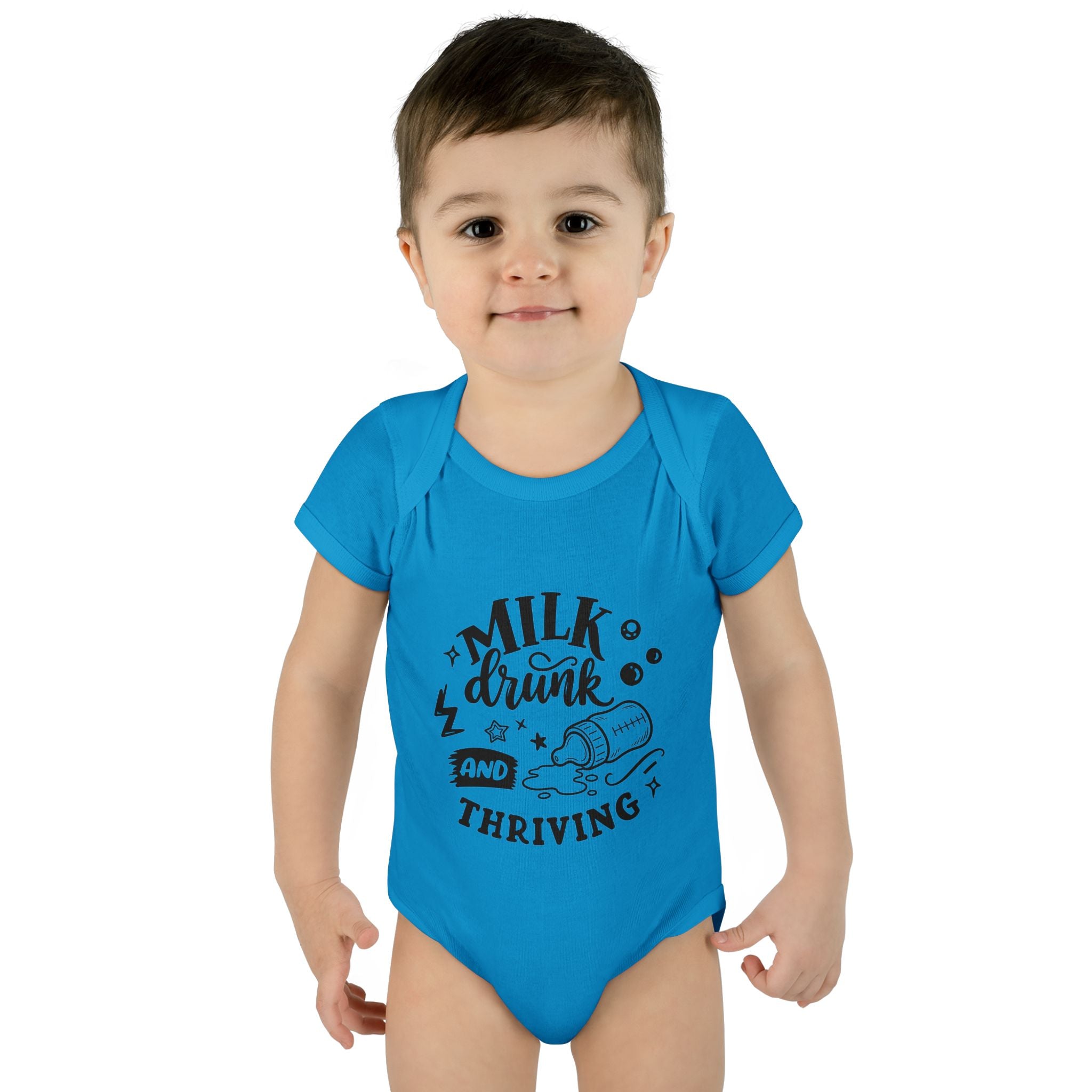 Infant Bodysuit - "Milk, Drink and Thriving" Baby Onesie (Cute Bottle Design)