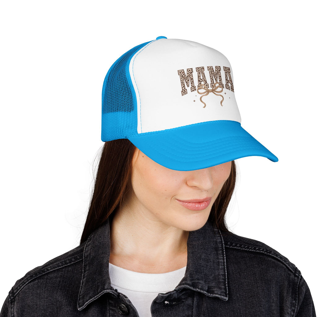 Mama Leopard Print Trucker Hat – Stylish Mama Foam Cap with Bow Accent